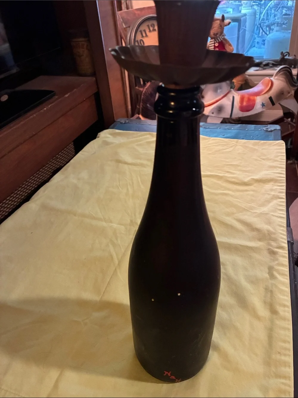 Decorative Hand Painted Chicken-Black Bottle Candle Holder with Floral Accent